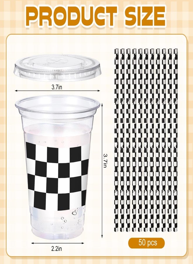 Sliner 50 Sets Plastic Cups Disposable with Lids and Paper Straws 16 oz Clear Drinking Cups for Xmas Checkered Flag Cow Print Themed Holiday Birthday Party(Checkered Racing Style) - Image 2