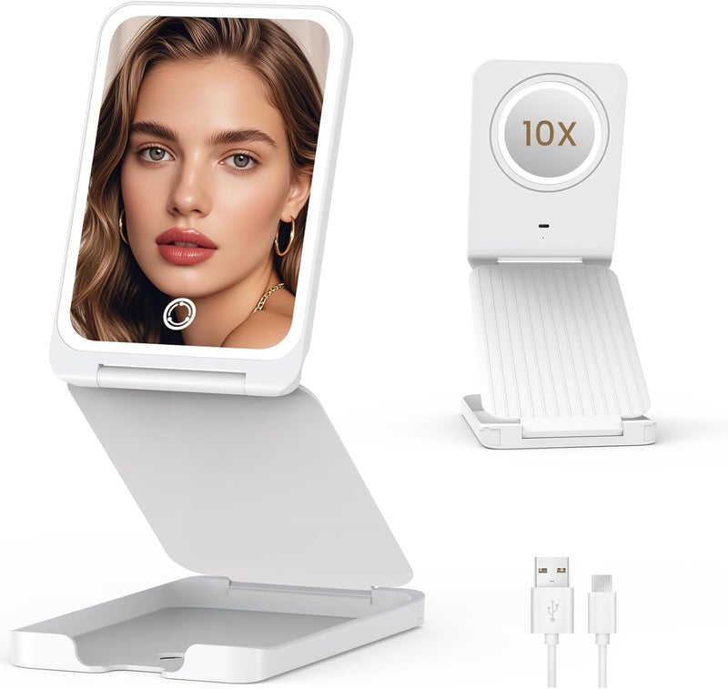 LAMPICK Travel Makeup Mirror with Lights, Foldable 1X Vanity Lighted Mirror with 10X Magnification, Rechargeable 1500mAh Battery, Dimmable Touch Screen, Freely Adjust Height and Angle Worldwide popular practical build - Image 1