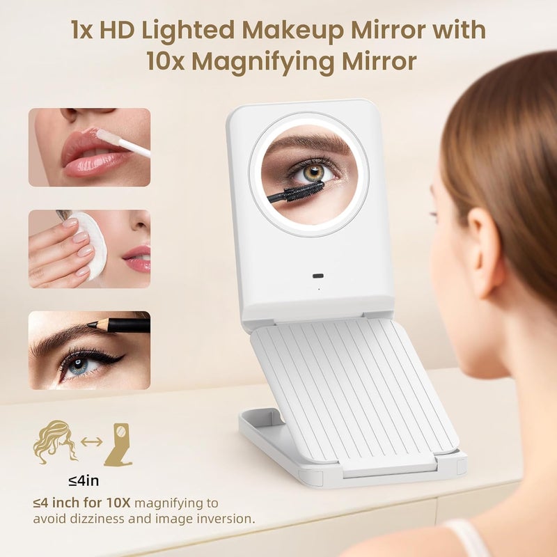 LAMPICK Travel Makeup Mirror with Lights, Foldable 1X Vanity Lighted Mirror with 10X Magnification, Rechargeable 1500mAh Battery, Dimmable Touch Screen, Freely Adjust Height and Angle Worldwide popular practical build - Image 4