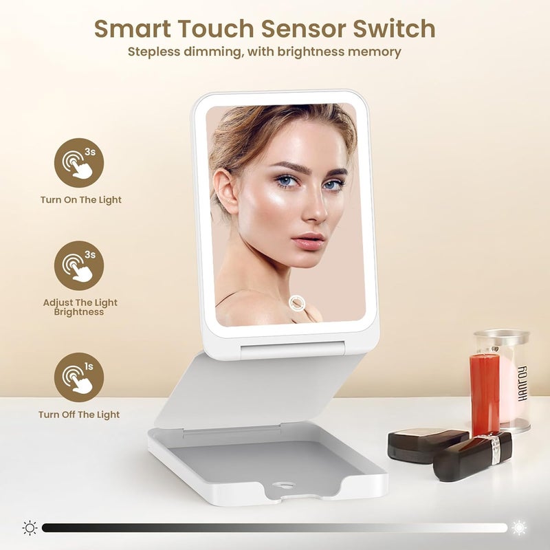 LAMPICK Travel Makeup Mirror with Lights, Foldable 1X Vanity Lighted Mirror with 10X Magnification, Rechargeable 1500mAh Battery, Dimmable Touch Screen, Freely Adjust Height and Angle Worldwide popular practical build - Image 3