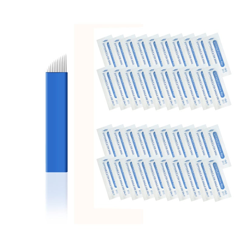 Pinkiou 50 Pcs Microblading Blade Micropigmentation Brow Lamination Makeup Manual Eyebrow Henna Disposable Sloped Needle Pin Bevel Shading 12Pin