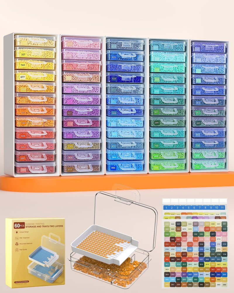 Redtwo 60pcs Diamond Painting Storage Containers Trays with Two Layers, 3-in-1 Diamond Painting Trays with Lids, Diamond Art Accessories, Diamond Art Drills Storage & Line-Up - Image 1