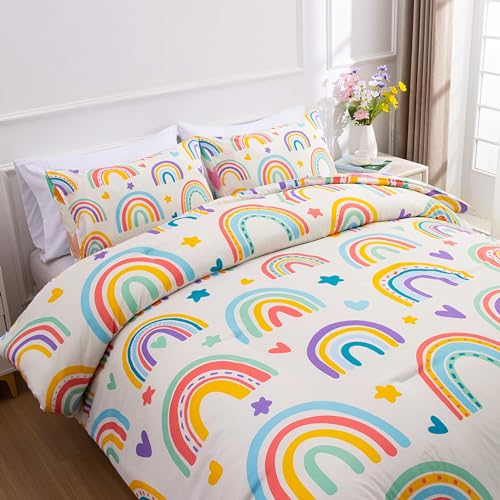 Btargot 3 Piece Kids Rainbow Comforter Set with 2 Pillow Covers, Cartoon Love Hearts Suns and Stars Bedding Set for Girls Boys, Queen Beige - Image 4
