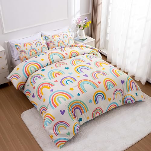 Btargot 3 Piece Kids Rainbow Comforter Set with 2 Pillow Covers, Cartoon Love Hearts Suns and Stars Bedding Set for Girls Boys, Queen Beige - Image 3