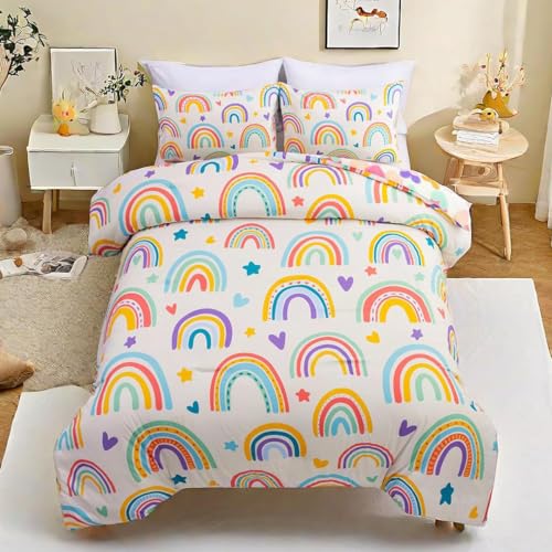 Btargot 3 Piece Kids Rainbow Comforter Set with 2 Pillow Covers, Cartoon Love Hearts Suns and Stars Bedding Set for Girls Boys, Queen Beige - Image 1