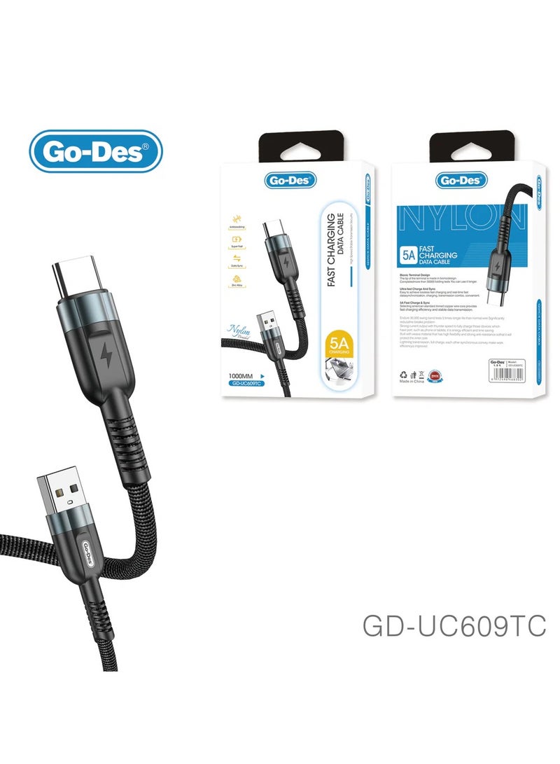 Go-Des Charging Nylon Braided Aluminum Alloy USB Cable Type-C To Lightning 60W Black GD-UC609TC-TC