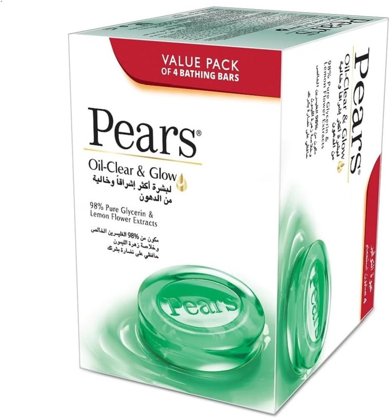 Pears Oil Clear & Glow Bar Soap with 100% Natural Ingredients & Glycerin for Soft & Glowing Skin| Paraben-Free Moisturising Soap With Mild Fragrance| Dermatologically Tested & Eco-Friendly (Pack of 4) - Image 1