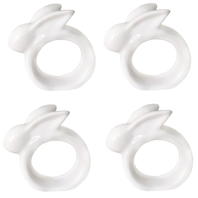 KiaoTime Porcelain Rabbit Napkin Rings - Easter Bunny Napkin Rings Holder, Set of 4 Vintage White Bunnies - Image 1
