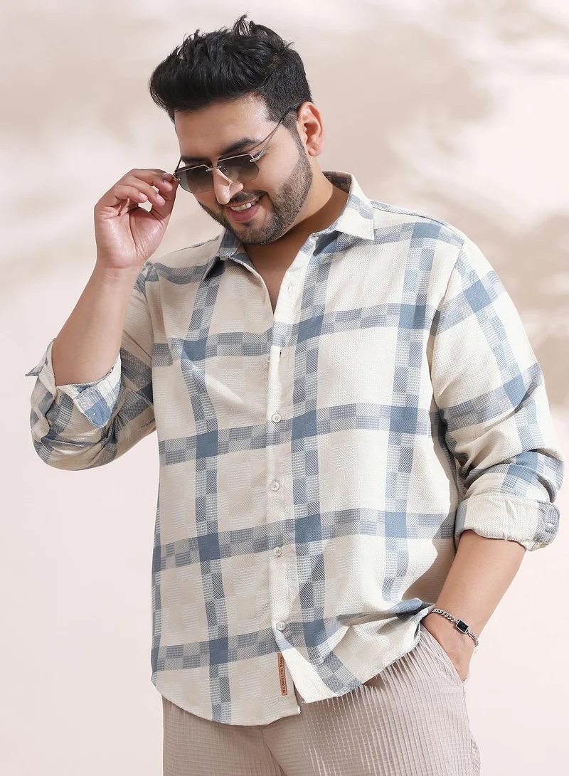 Instafab Plus Instafab Plus Men's Icy Blue & Daisy White Block-Graph Shirt For Casual Wear | Spread Collar | Long Cuffed Sleeves | Button Closure | Plus Size Shirt Crafted With Comfort Fit For Everyday Wear
