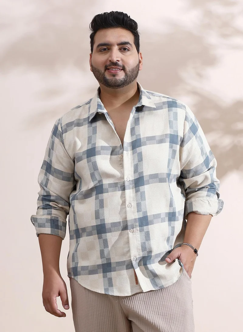 Instafab Plus Instafab Plus Men's Icy Blue & Daisy White Block-Graph Shirt For Casual Wear | Spread Collar | Long Cuffed Sleeves | Button Closure | Plus Size Shirt Crafted With Comfort Fit For Everyday Wear