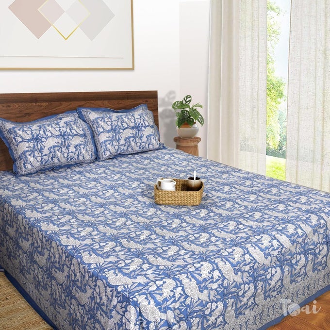 BEDSHEET FOR DOUBLE BED KING SIZE 108 X 108 100 PURE COTTON 210TC HAND BLOCK PRINTED JAIPURI BED SHEET 2 REVERSIBLE PILLOW COVERS 18X27 BLUE WHITE PARROTS