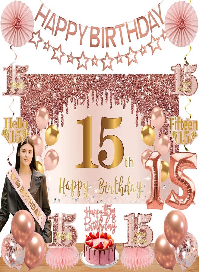Turypaty 15th Birthday Decorations for Girls, Pink Rose Gold Happy 15 years old Birthday Banner Backdrop Balloons Sash Table Cake Topper Honeycomb Centerpieces Hanging Swirls Paper Fans Party Supplies - Image 1
