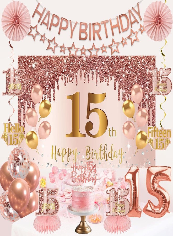 Turypaty 15th Birthday Decorations for Girls, Pink Rose Gold Happy 15 years old Birthday Banner Backdrop Balloons Sash Table Cake Topper Honeycomb Centerpieces Hanging Swirls Paper Fans Party Supplies - Image 5