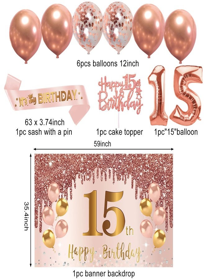 Turypaty 15th Birthday Decorations for Girls, Pink Rose Gold Happy 15 years old Birthday Banner Backdrop Balloons Sash Table Cake Topper Honeycomb Centerpieces Hanging Swirls Paper Fans Party Supplies - Image 3