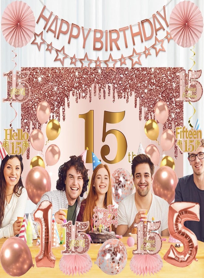 Turypaty 15th Birthday Decorations for Girls, Pink Rose Gold Happy 15 years old Birthday Banner Backdrop Balloons Sash Table Cake Topper Honeycomb Centerpieces Hanging Swirls Paper Fans Party Supplies - Image 4