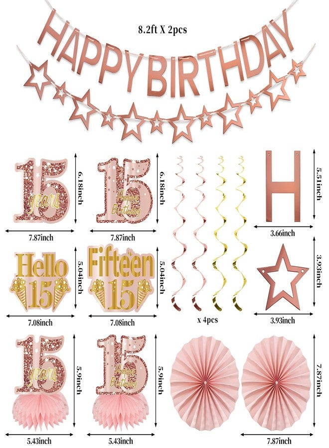 Turypaty 15th Birthday Decorations for Girls, Pink Rose Gold Happy 15 years old Birthday Banner Backdrop Balloons Sash Table Cake Topper Honeycomb Centerpieces Hanging Swirls Paper Fans Party Supplies - Image 2