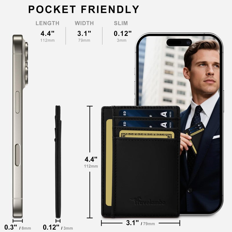 Travelambo 100% Genuine Leather Wallet for Men and Women, Slim Minimalist RFID Blocking Front Pocket Credit Card Holder with Gift Box - Image 5