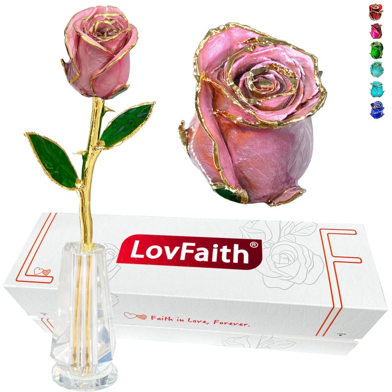 LovFaith LovFaith Valentine Gift Real Rose Dipped 24K Gold with Crystal Stand Best Anniversary Rose Gift for Her Wife Mother Birthday Christmas A5 Pink Original Rose 