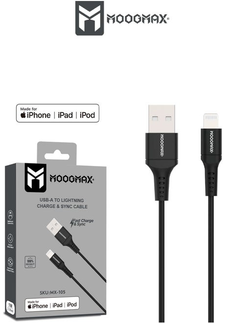 Iphone lightning to USB-A charging and sync Cable, certified by Apple (MFI), 1 meter long and extremely durable, supports fast charging, suitable for iPhone phones up to iPhone 14 Pro Max. In black