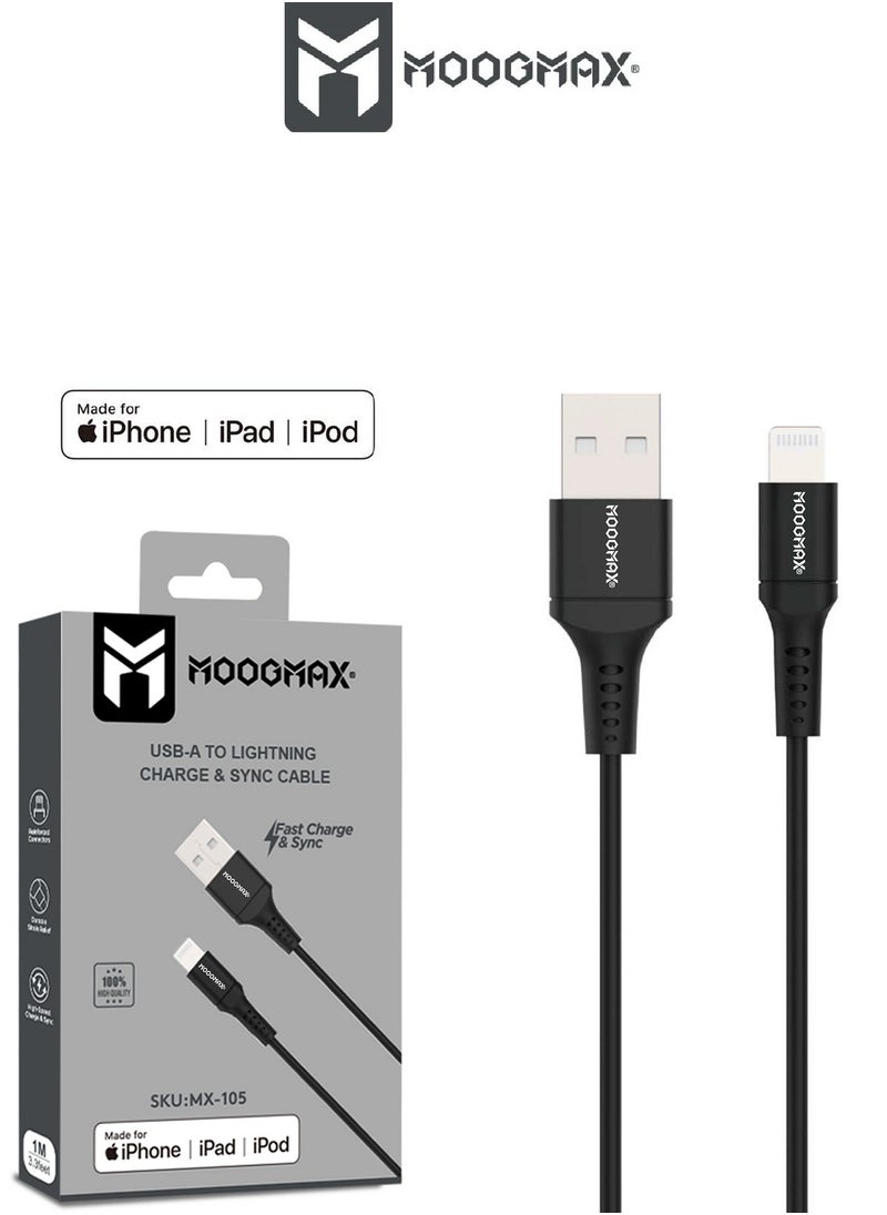 MOOGMAX - Iphone lightning to USB-A charging and sync Cable, certified by Apple (MFI), 1 meter long and extremely durable, supports fast charging, suitable for iPhone phones up to iPhone 14 Pro Max. In black - Image 1