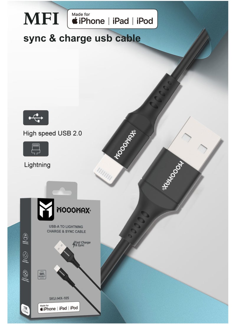 MOOGMAX - Iphone lightning to USB-A charging and sync Cable, certified by Apple (MFI), 1 meter long and extremely durable, supports fast charging, suitable for iPhone phones up to iPhone 14 Pro Max. In black - Image 1