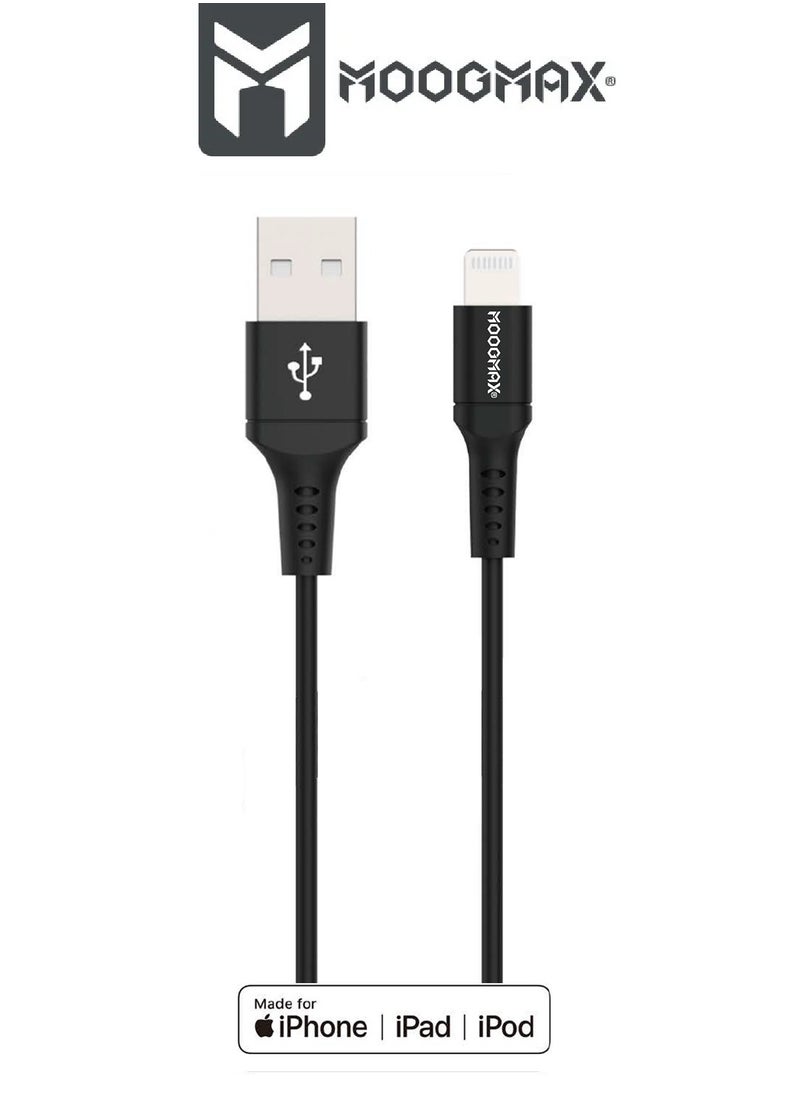 MOOGMAX - Iphone lightning to USB-A charging and sync Cable, certified by Apple (MFI), 1 meter long and extremely durable, supports fast charging, suitable for iPhone phones up to iPhone 14 Pro Max. In black - Image 1