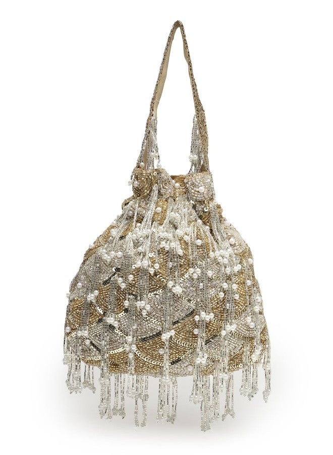 Anekaant Droop Gold & Silver Palmette Embellished Suede Potli - Image 4