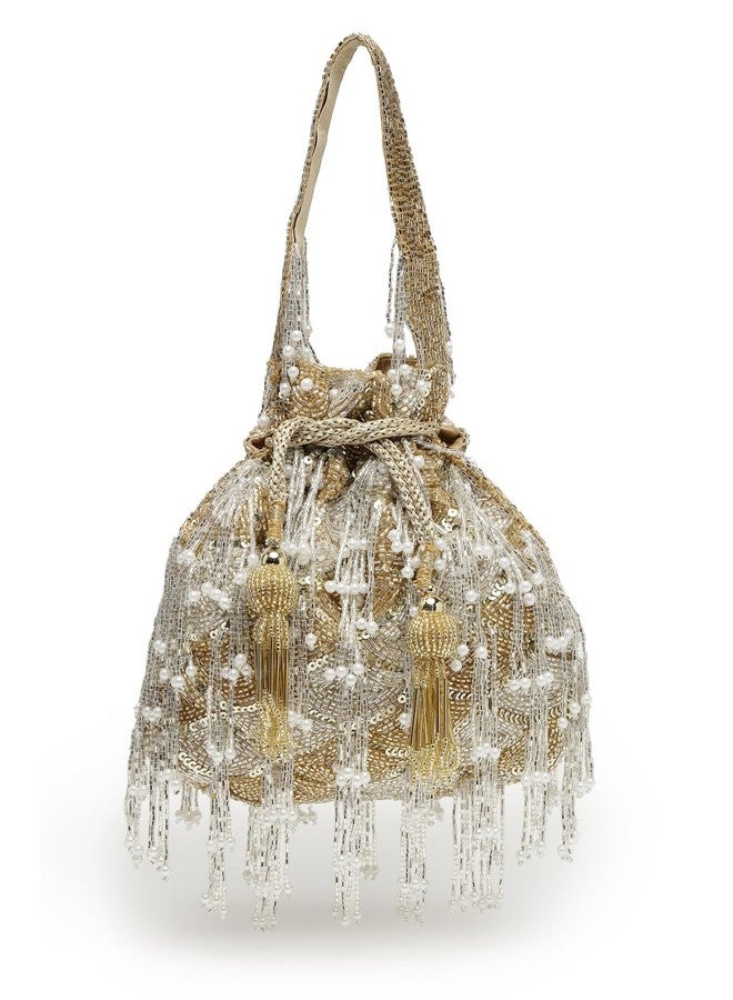 Anekaant Droop Gold & Silver Palmette Embellished Suede Potli - Image 1
