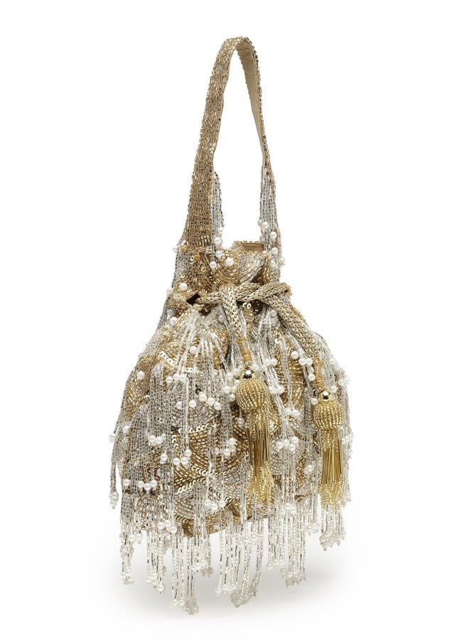 Anekaant Droop Gold & Silver Palmette Embellished Suede Potli - Image 5