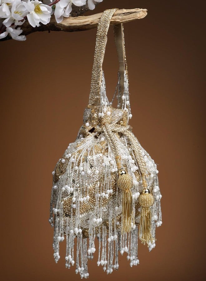 Anekaant Droop Gold & Silver Palmette Embellished Suede Potli - Image 3