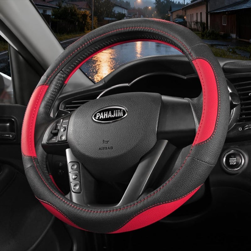Coofig Microfibre Leather Steering Wheel Cover, Diameter 37-38 cm, Universal Car Steering Wheel Cover, Non-Slip Breathable Steering Wheel Cover Interior Decoration Accessories (Black Red-2) - Image 2