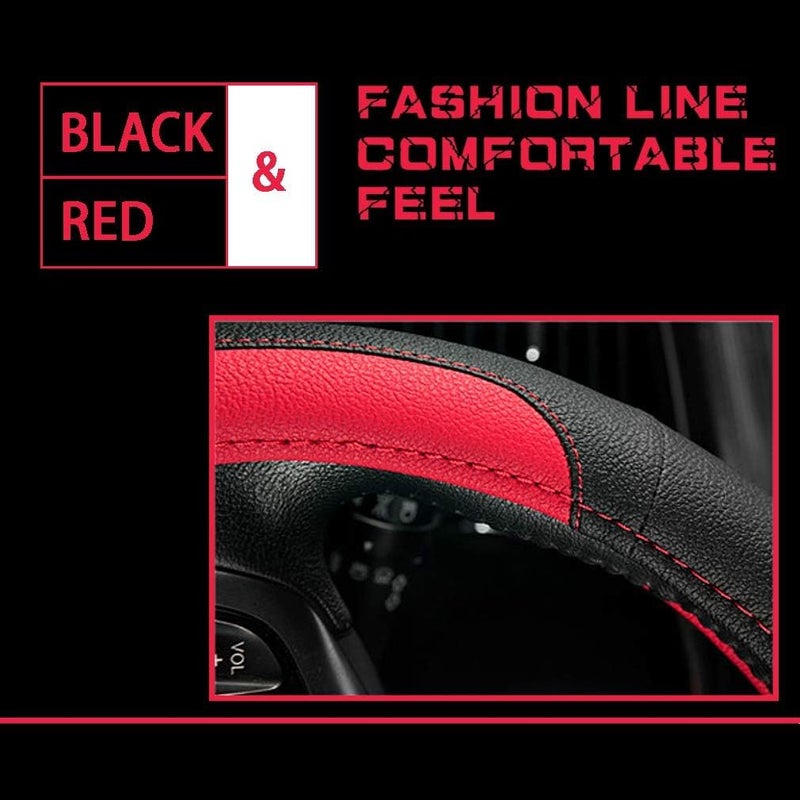 Coofig Microfibre Leather Steering Wheel Cover, Diameter 37-38 cm, Universal Car Steering Wheel Cover, Non-Slip Breathable Steering Wheel Cover Interior Decoration Accessories (Black Red-2) - Image 3