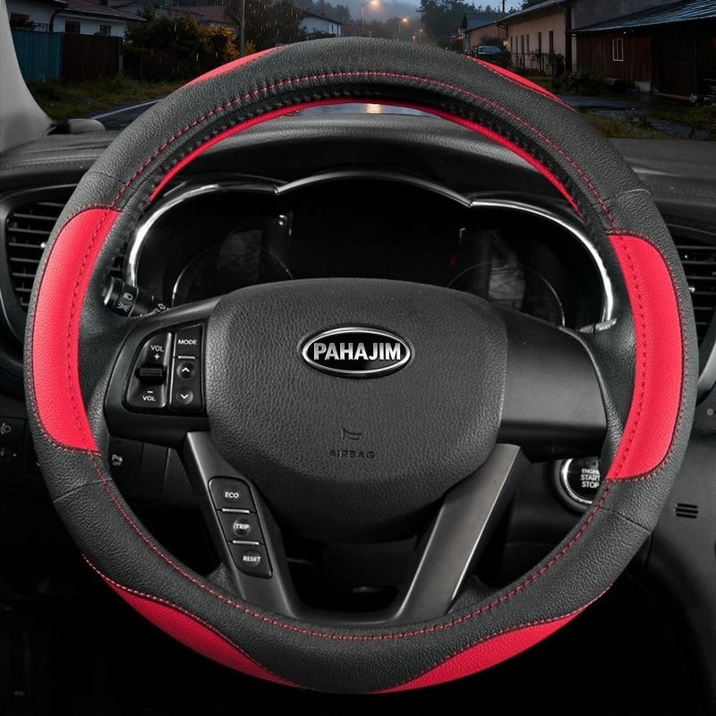 Coofig Microfibre Leather Steering Wheel Cover, Diameter 37-38 cm, Universal Car Steering Wheel Cover, Non-Slip Breathable Steering Wheel Cover Interior Decoration Accessories (Black Red-2) - Image 1