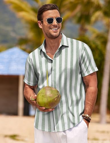 COOFANDY Mens Light Green Stripe Shirt Button Down Short Sleeve Summer Beach Shirt for Men Casual Beach Clothes - Image 3