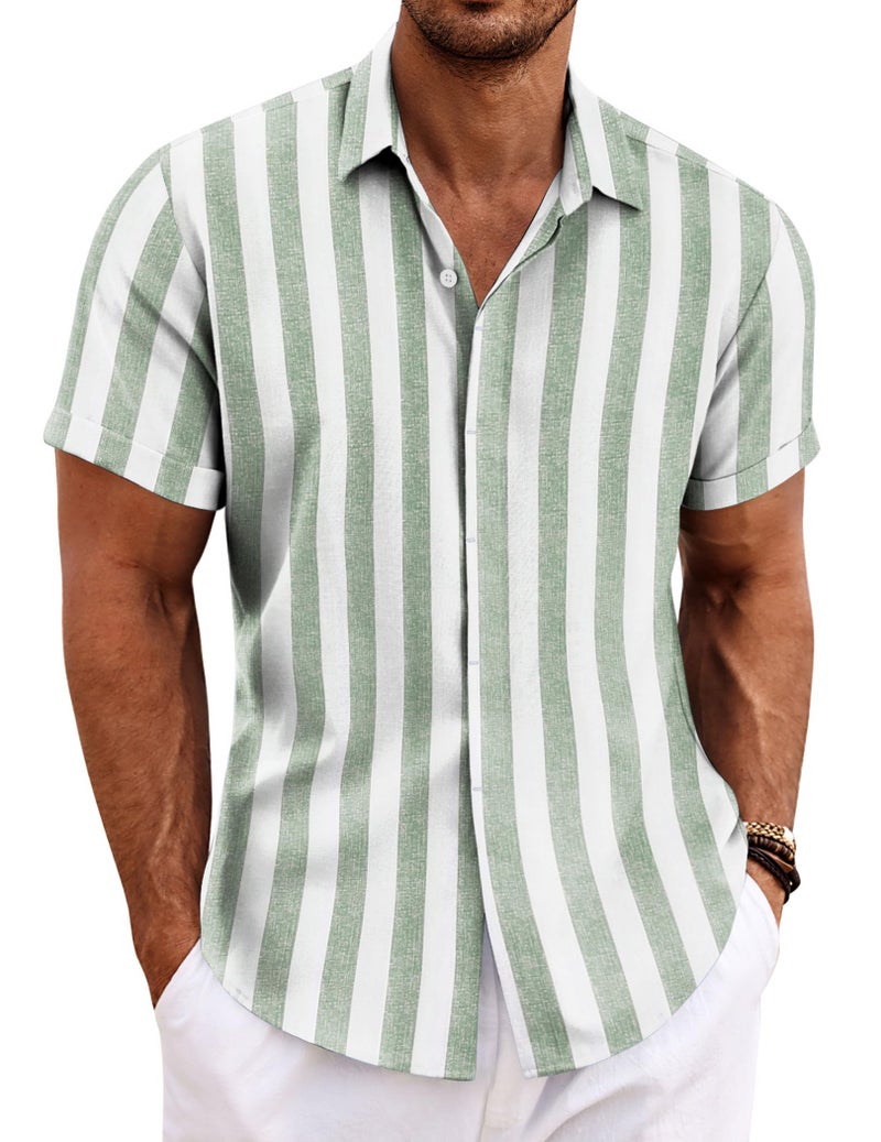 COOFANDY Mens Light Green Stripe Shirt Button Down Short Sleeve Summer Beach Shirt for Men Casual Beach Clothes - Image 2