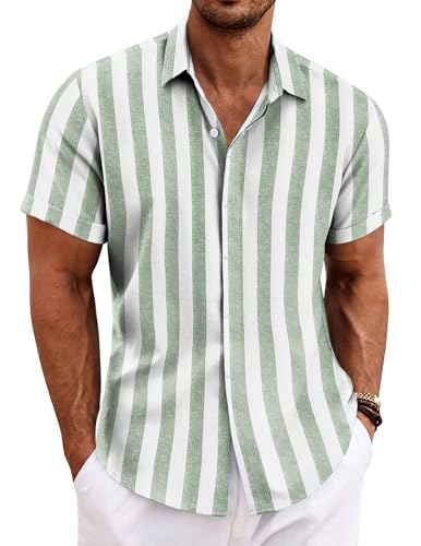 COOFANDY Mens Light Green Stripe Shirt Button Down Short Sleeve Summer Beach Shirt for Men Casual Beach Clothes - Image 1