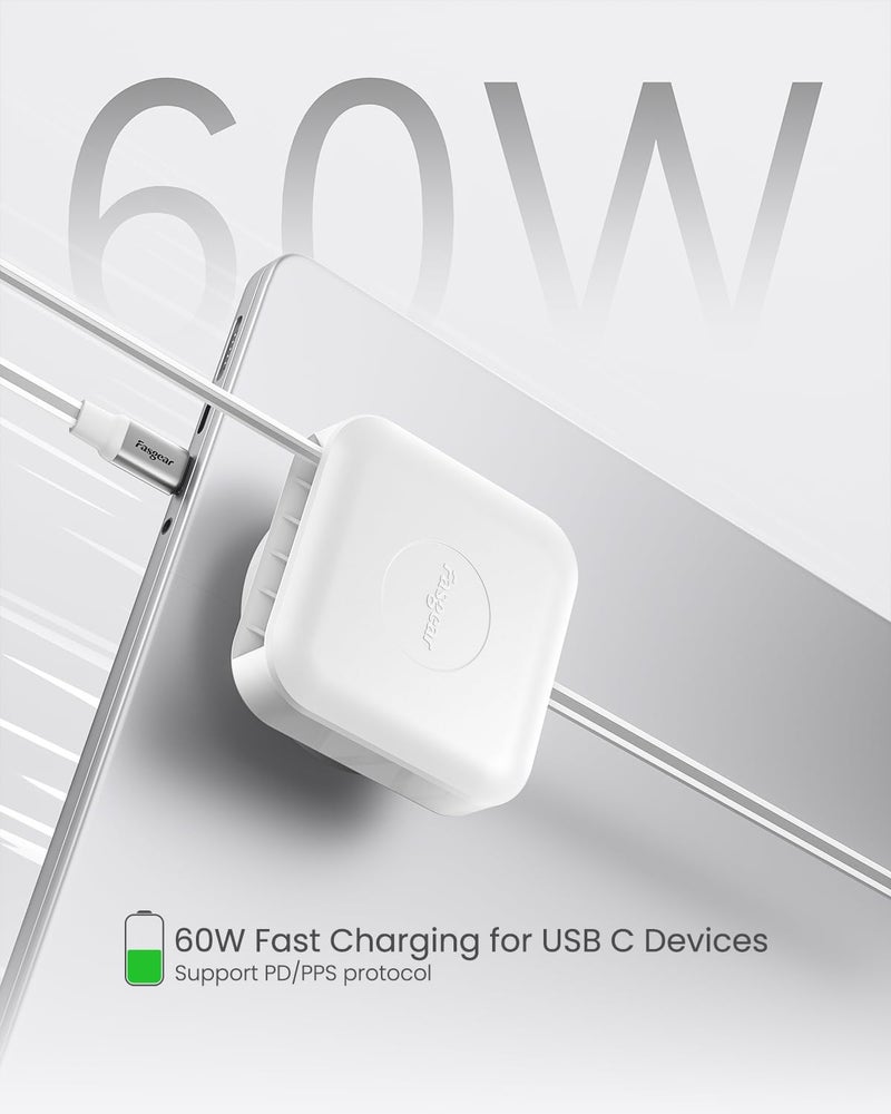 فاسجير كابل القابل للسحب من USB-C، بقوة 60 واط PD/PPS للشحن السريع، كابل شاحن قابل للسحب من USB-C إلى USB-C 2.0 لهاتف i-Phone 17 16 Pro/i-Pad Pro/Mac-Book، إلخ، كابل مكتبي من النوع C قابل للدوران 360° (2 متر، أسود وأبيض نقي) - Image 4