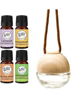 mEssentials Wild Essentials Glass & Wood Hanging Aromatherapy Diffuser Starter Kit Gift Set includes 4-100% Pure Essential Oils, Lavender, Lemongrass, Orange Sweet and Peppermint 