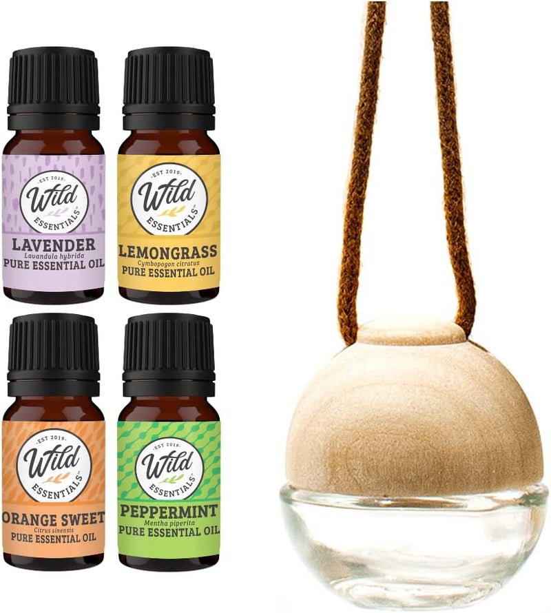 mEssentials Wild Essentials Glass & Wood Hanging Aromatherapy Diffuser Starter Kit Gift Set includes 4-100% Pure Essential Oils, Lavender, Lemongrass, Orange Sweet and Peppermint