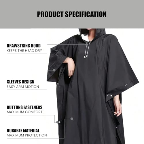 HACER EVA Raincoat Poncho 70 GSM with Adjustable Hood Full Sleeves Knee Length Unisex Universal Size Water Resistant Outdoor Rainwear for Camping Trekking Hiking Men and Women (Pack of 1, Black) - Image 4