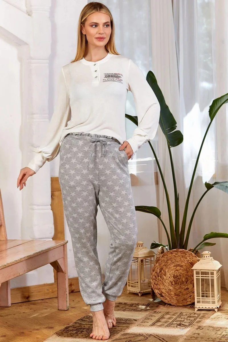 Cossy By Aqua 24013 Women's Long Sleeve Banded Pajama Set - Cream