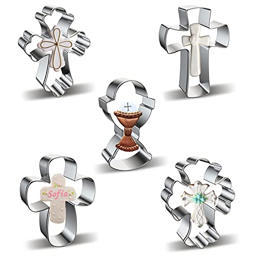 Cross Cookie Cutter Shapes Set Azflyife 5 Piece Stainless Steel Metal Biscuit Mold Cookie Cutters with Chalice Holy Cup Crucifix Crucifixion for Easter Halloween Christmas Religious Baptism Communion