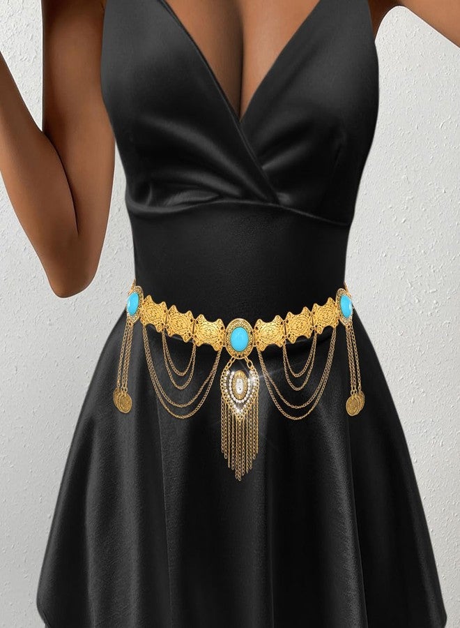 ووي سلسلة خصر من الفيروز من Woeoe Boho، سلسلة ذهبية عتيقة، سلاسل متعددة الطبقات، مجوهرات للجسم والبطن للنساء - Image 2