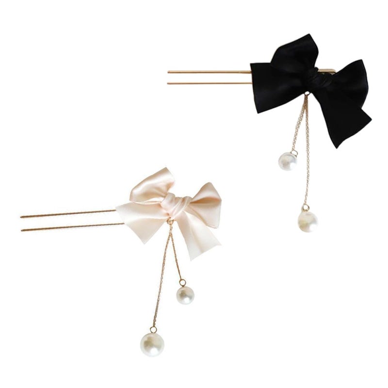Pearl Tassel Hair Fork Clips 2pcs U-shaped Hair Stick Bow Pins for Women Accessories with White and Black Beads - Image 1