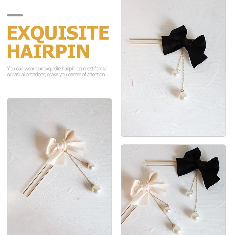 Pearl Tassel Hair Fork Clips 2pcs U-shaped Hair Stick Bow Pins for Women Accessories with White and Black Beads - Image 3
