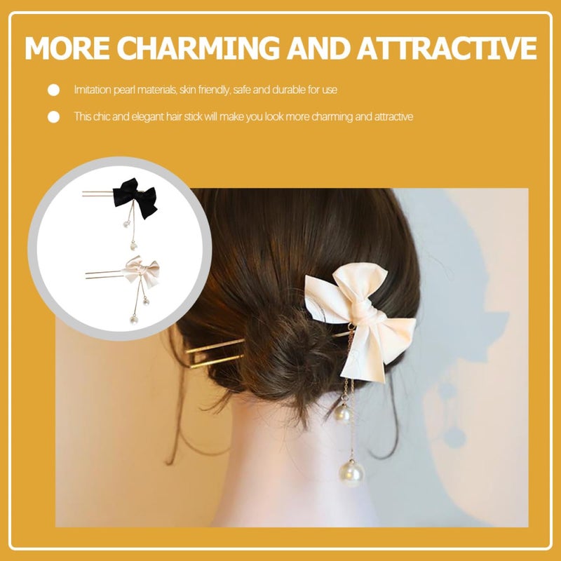 Pearl Tassel Hair Fork Clips 2pcs U-shaped Hair Stick Bow Pins for Women Accessories with White and Black Beads - Image 4