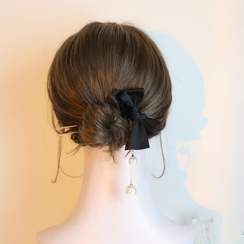 Pearl Tassel Hair Fork Clips 2pcs U-shaped Hair Stick Bow Pins for Women Accessories with White and Black Beads - Image 5