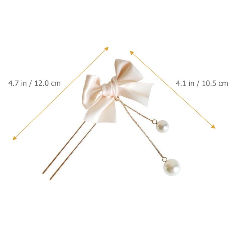 Pearl Tassel Hair Fork Clips 2pcs U-shaped Hair Stick Bow Pins for Women Accessories with White and Black Beads - Image 2