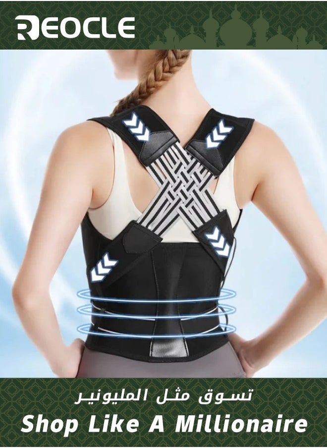 REOCLE Posture Corrector for Women and Men Back Posture Belt Office Home Gym Unisex Body Shaping Back Brace Back Straightener Scoliosis and Hunchback Correction Black  - Image 1