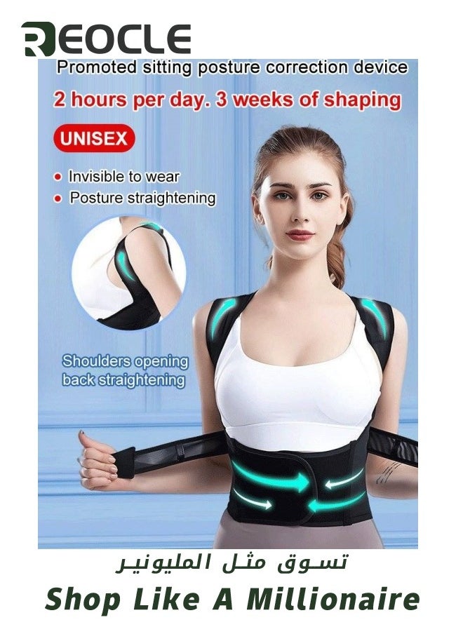 REOCLE Posture Corrector for Women and Men Back Posture Belt Office Home Gym Unisex Body Shaping Back Brace Back Straightener Scoliosis and Hunchback Correction Black  - Image 2